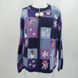 womans vintage B.P. Design Christmas Snowman Cardigan purple and blue snowflake